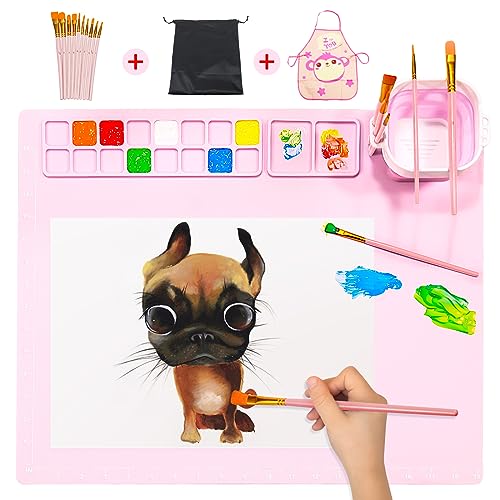 HOMOEASE Silicone Mats for Crafts, Silicone Painting Mat Kits with Detachable Cup & 10 Paint Brushes & Apron&Storage Bag, Silicone Art Mat for Kids Gift,Painting, Clay, DIY, 20"X16" Nonstick (Pink)