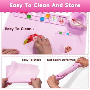 HOMOEASE Silicone Mats for Crafts, Silicone Painting Mat Kits with Detachable Cup & 10 Paint Brushes & Apron&Storage Bag, Silicone Art Mat for Kids Gift,Painting, Clay, DIY, 20"X16" Nonstick (Pink)