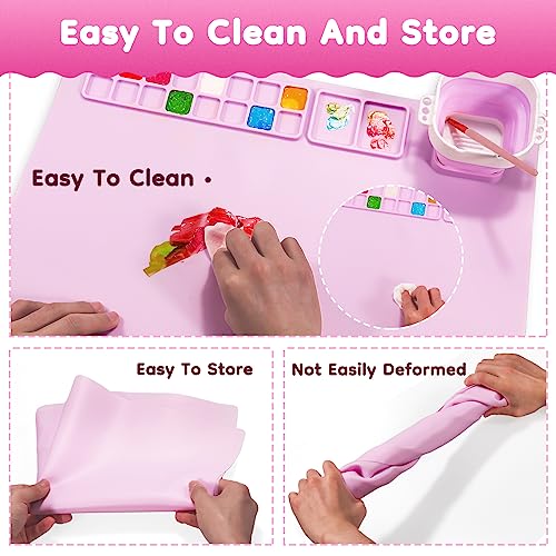 HOMOEASE Silicone Mats for Crafts, Silicone Painting Mat Kits with Detachable Cup & 10 Paint Brushes & Apron&Storage Bag, Silicone Art Mat for Kids Gift,Painting, Clay, DIY, 20"X16" Nonstick (Pink)