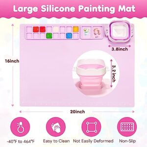 HOMOEASE Silicone Mats for Crafts, Silicone Painting Mat Kits with Detachable Cup & 10 Paint Brushes & Apron&Storage Bag, Silicone Art Mat for Kids Gift,Painting, Clay, DIY, 20"X16" Nonstick (Pink)