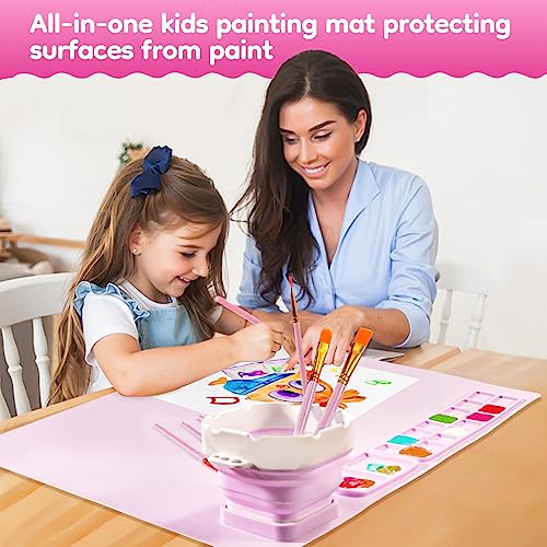 HOMOEASE Silicone Mats for Crafts, Silicone Painting Mat Kits with Detachable Cup & 10 Paint Brushes & Apron&Storage Bag, Silicone Art Mat for Kids Gift,Painting, Clay, DIY, 20"X16" Nonstick (Pink)