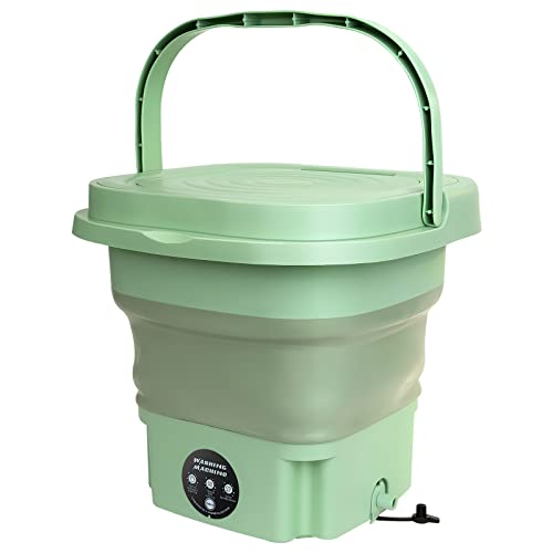 Portable Washing Machine,8L Mini Folding Bucket Washer with Drainage Pipe & 4 Clothes Clips for Socks Underwear Baby Clothes,Suitable for Apartment Camping RV Travel laundry (110V-240V) (Green)