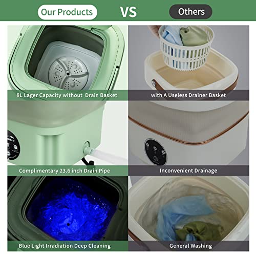 Portable Washing Machine,8L Mini Folding Bucket Washer with Drainage Pipe & 4 Clothes Clips for Socks Underwear Baby Clothes,Suitable for Apartment Camping RV Travel laundry (110V-240V) (Green)