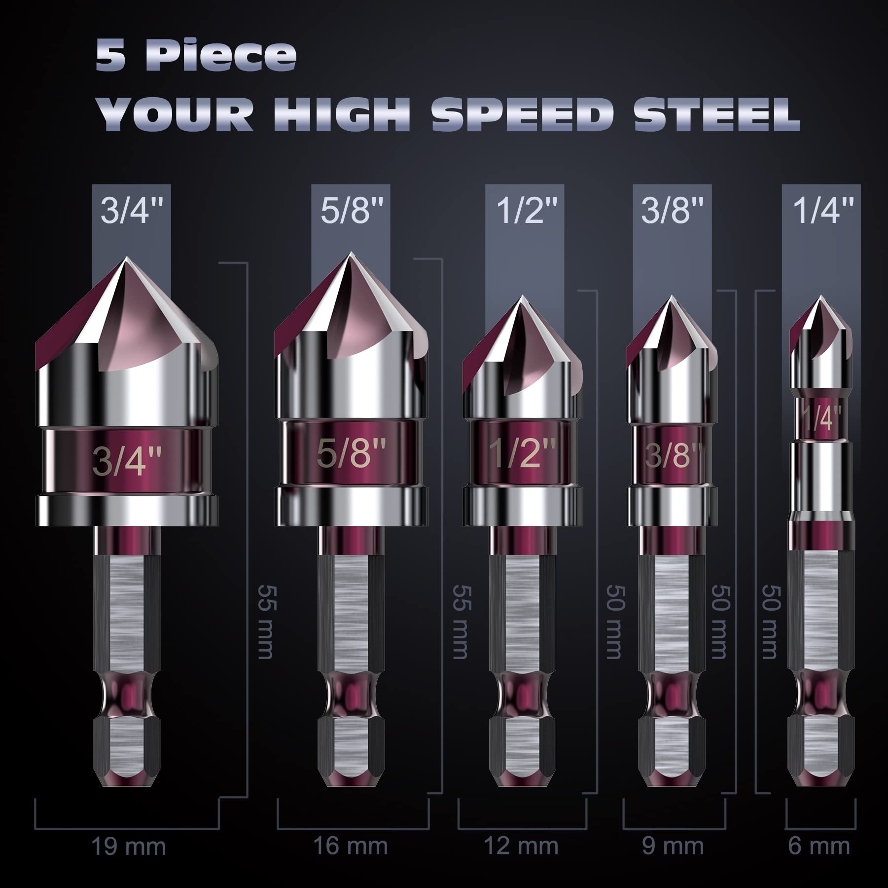 Countersink Drill Bit Set for Metal,M35 Cobalt Countersunk Bits 82 Degree 5 Flute 5 Pieces,1/4 Inch Hex Shank Countersunk Bit Set 1/4'' 3/8'' 1/2'' 5/8'' 3/4'' Set with Bit Holder