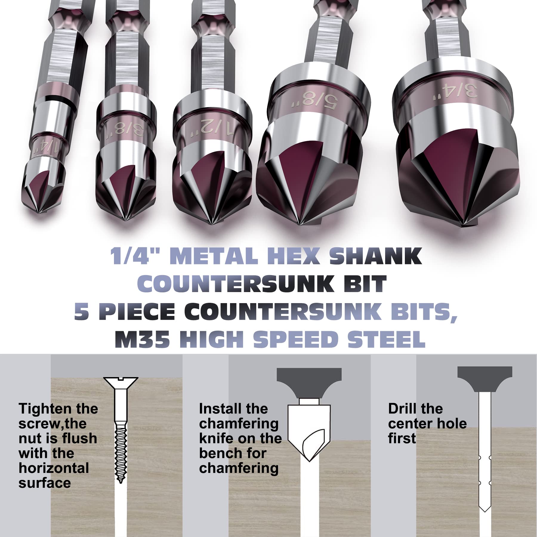 Countersink Drill Bit Set for Metal,M35 Cobalt Countersunk Bits 82 Degree 5 Flute 5 Pieces,1/4 Inch Hex Shank Countersunk Bit Set 1/4'' 3/8'' 1/2'' 5/8'' 3/4'' Set with Bit Holder