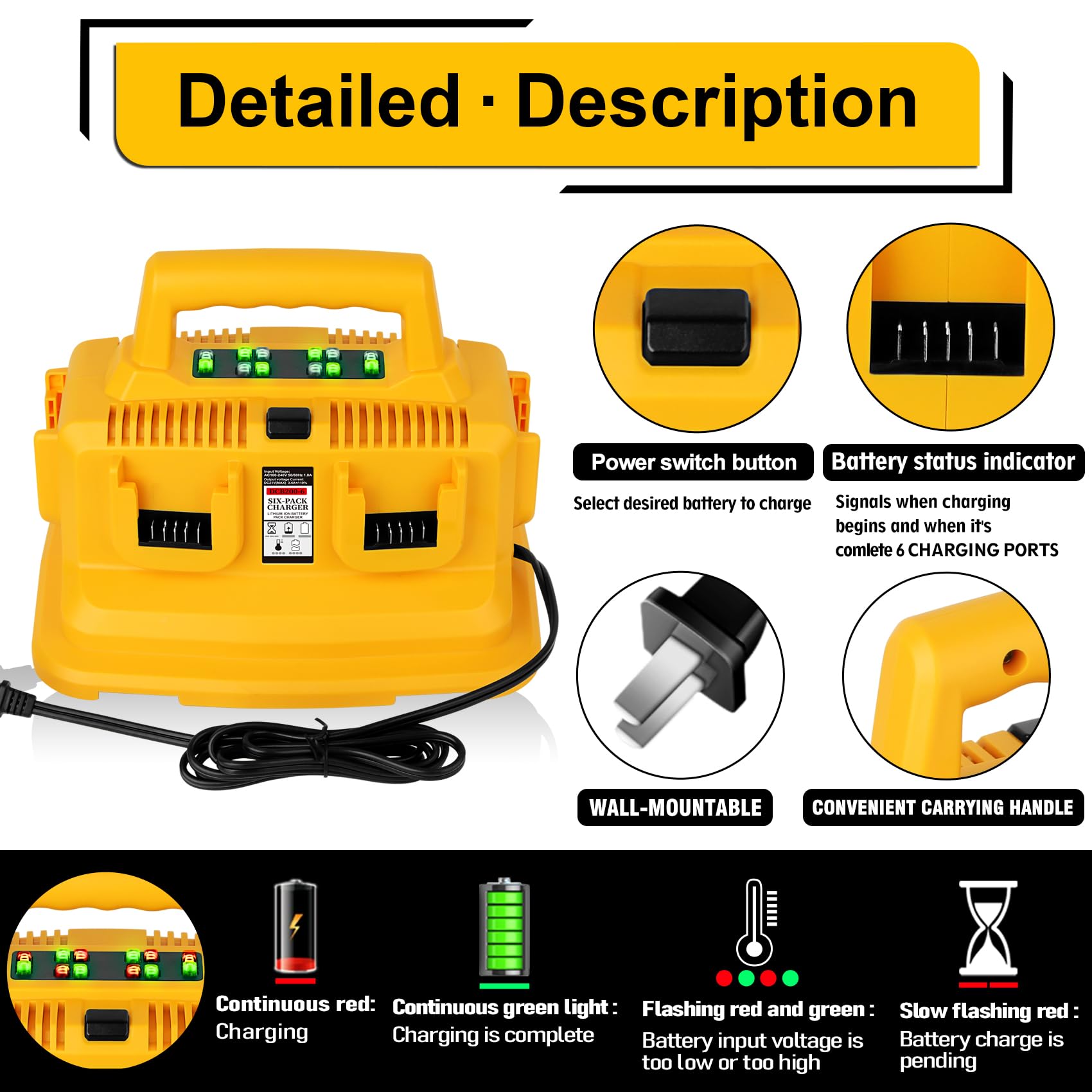 【Upgrade】 DSANKE DCB104 6 Port Charger Replace for DeWalt 20V Battery Charger Station Compatible with Dewalt 20V/60V Battery DCB200 DCB201 DCB203 DCB204 DCB206 DCB181 DCB180 DCB606 DCB612 DCB609