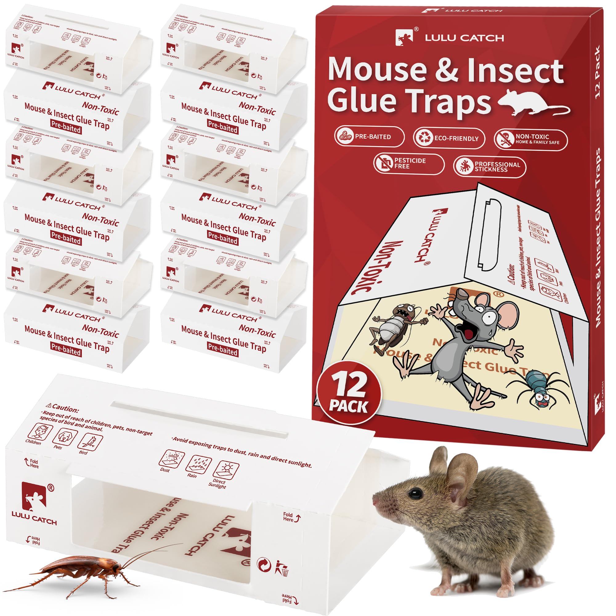 LULUCATCH Sticky Mouse Traps, 12 Pack Pre-baited Glue Traps, Foldable Bulk Non-Toxic Indoor Mouse Glue Boards for Insects, Cockroach, Lizard, & Spider, Pet Child Safe & Easy to Use Pest Control