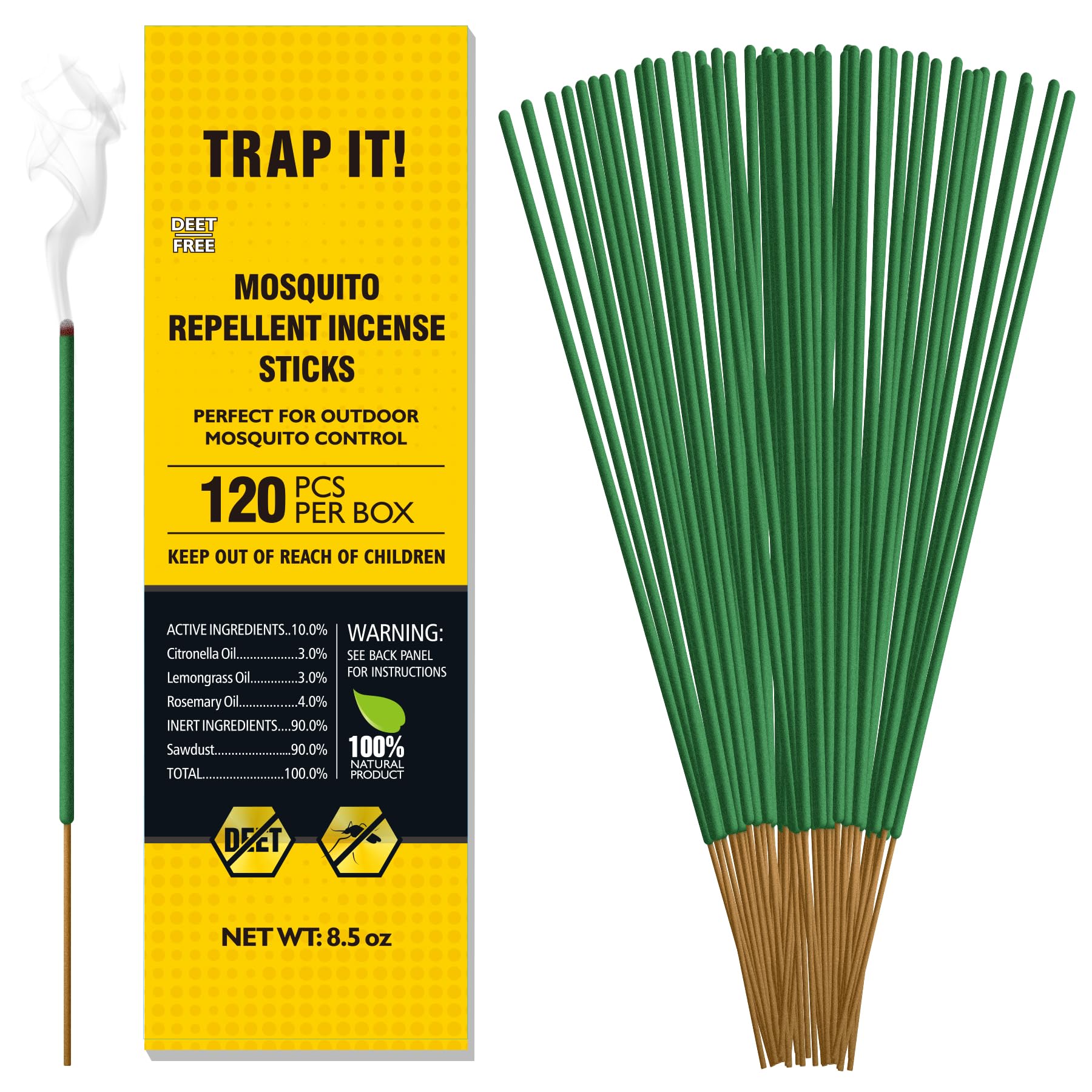 TRAP IT! Mosquito Repellent Outdoor Patio, 120 PCS Natural Plant-Based Citronella Oil Incense Sticks Indoor Home Pet Family Safe, DEET Free Bug Insect Control Repellent for Yard Garden Camping Fishing