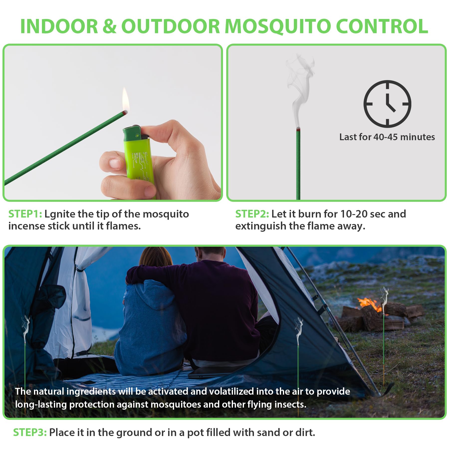 TRAP IT! Mosquito Repellent Outdoor Patio, 120 PCS Natural Plant-Based Citronella Oil Incense Sticks Indoor Home Pet Family Safe, DEET Free Bug Insect Control Repellent for Yard Garden Camping Fishing