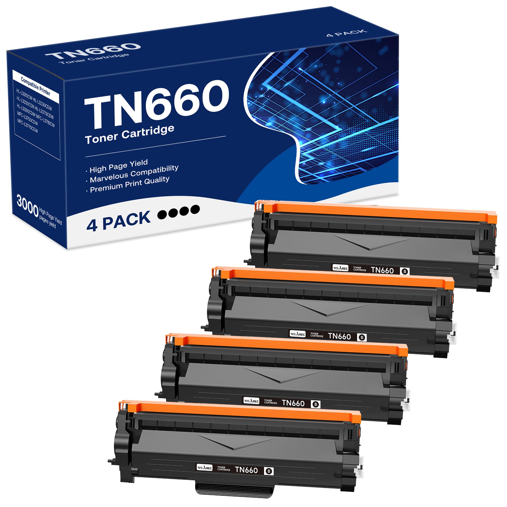 WEAREC Compatible Toner Cartridge Replacement for Brother TN660 TN-660 TN630 High Yield Work with HL-L2300D HL-L2360DW MFC-L2740DW MFC-L2700DWR DCP-L2540DN Printer(Black,4 Pack)