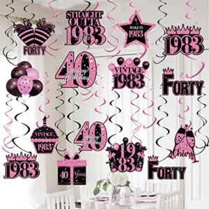 40th birthday decorations women, 45pcs happy 40 birthday party supplies, 1983 40th birthday hanging swirls for her, pink dangling spinners foli decor, forty years old bday ceiling party favors