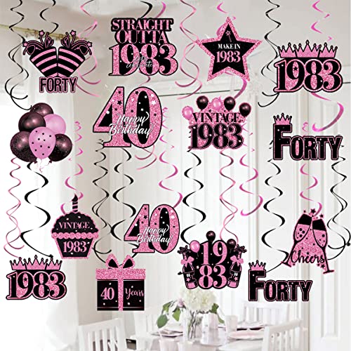 40th Birthday Decorations Women, 45pcs Happy 40 Birthday Party Supplies, 1983 40th Birthday Hanging Swirls for Her, Pink Dangling Spinners Foli Decor, Forty Years Old Bday Ceiling Party Favors