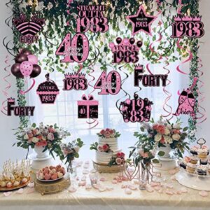 40th Birthday Decorations Women, 45pcs Happy 40 Birthday Party Supplies, 1983 40th Birthday Hanging Swirls for Her, Pink Dangling Spinners Foli Decor, Forty Years Old Bday Ceiling Party Favors