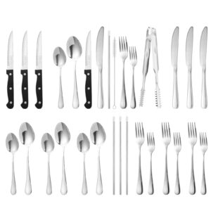 30 pieces silverware sets for 4 plus food tong, stainless steel flatware set with metal straw, dsnn home kitchen utensil cutlery set,include knives spoons and forks