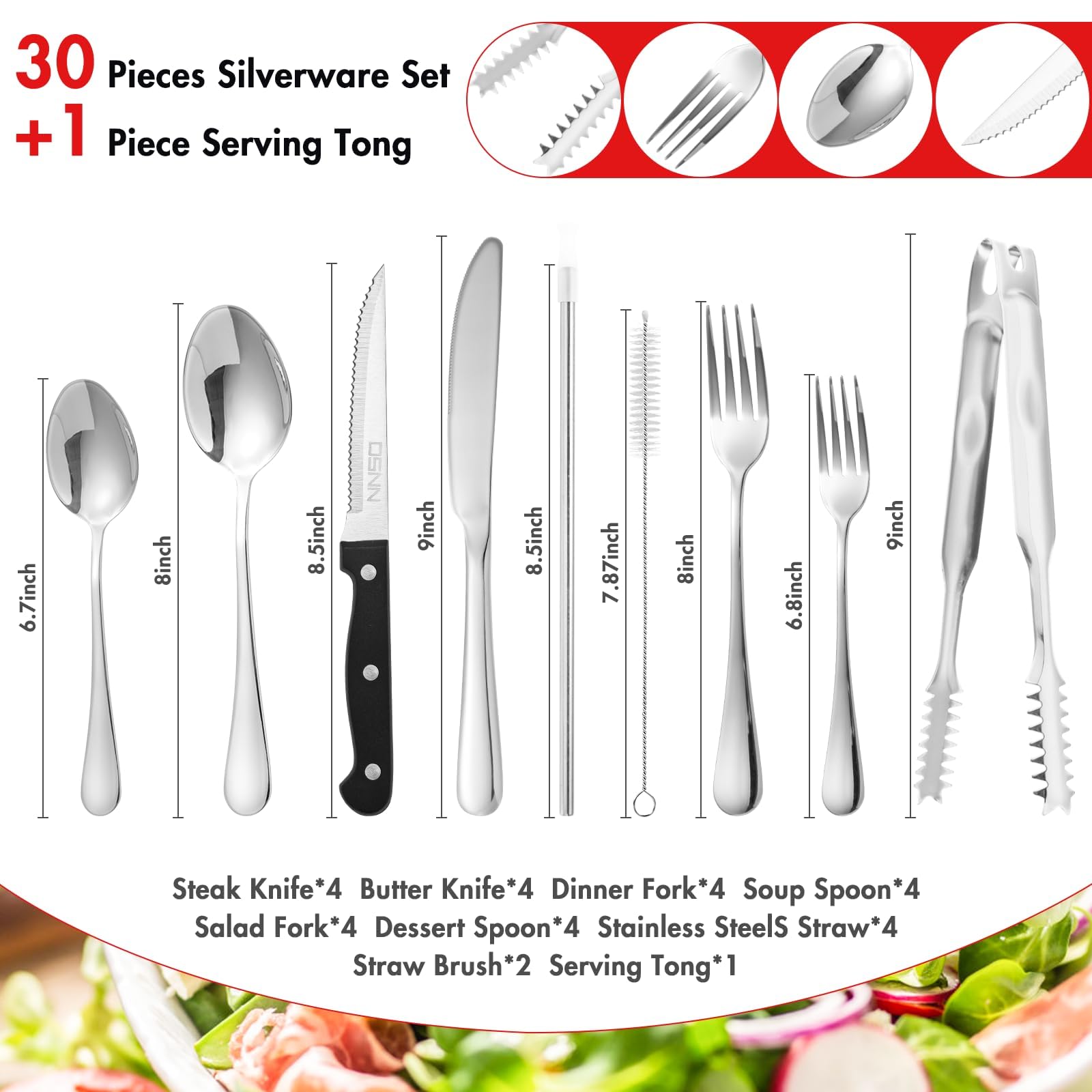 30 Pieces Silverware Sets for 4 Plus Food Tong, Stainless Steel Flatware Set with Metal Straw, DSNN Home Kitchen Utensil Cutlery Set,Include Knives Spoons and Forks