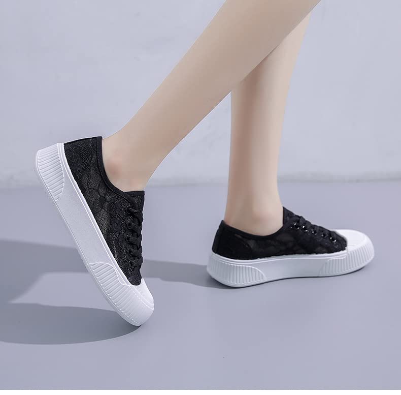 Women's Floral Breathable Sheer Mesh Sneakers,Cutouts Lace Casual Shoes,Low Top Lace Up Canvas Sneakers Fashion Platform Lightweight Walking Shoes (Black,8.5,8.5)