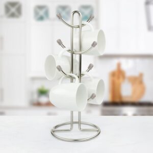 FitWell Mug Holder for Counters,Holds 8 Large Mugs,Coffee Mug Tree for Countertops,Mug Holder Stand,Space Saver for Kitchen Cabinets, Portable Coffee Mug Holder (Chrome)