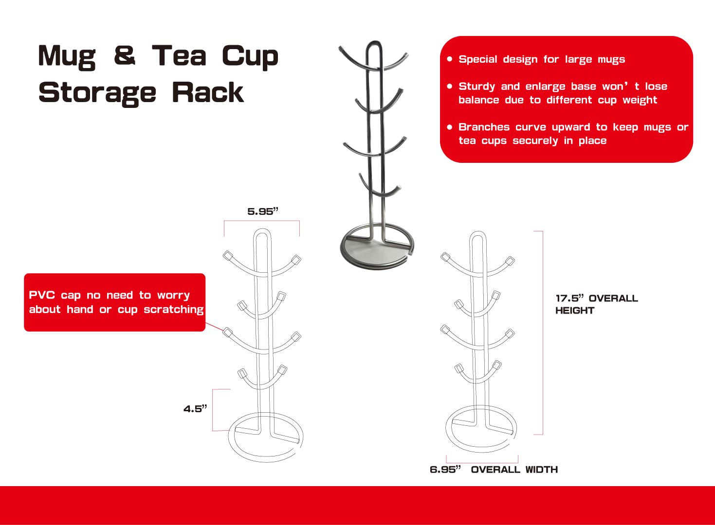 FitWell Mug Holder for Counters,Holds 8 Large Mugs,Coffee Mug Tree for Countertops,Mug Holder Stand,Space Saver for Kitchen Cabinets, Portable Coffee Mug Holder (Chrome)