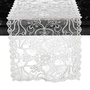 elegant comfort embroidery ingrid table runner - dresser scarf for home dining room - lace like tabletop decoration, kitchen dining table decoration for indoor and outdoor, 13 x 20 inches, white