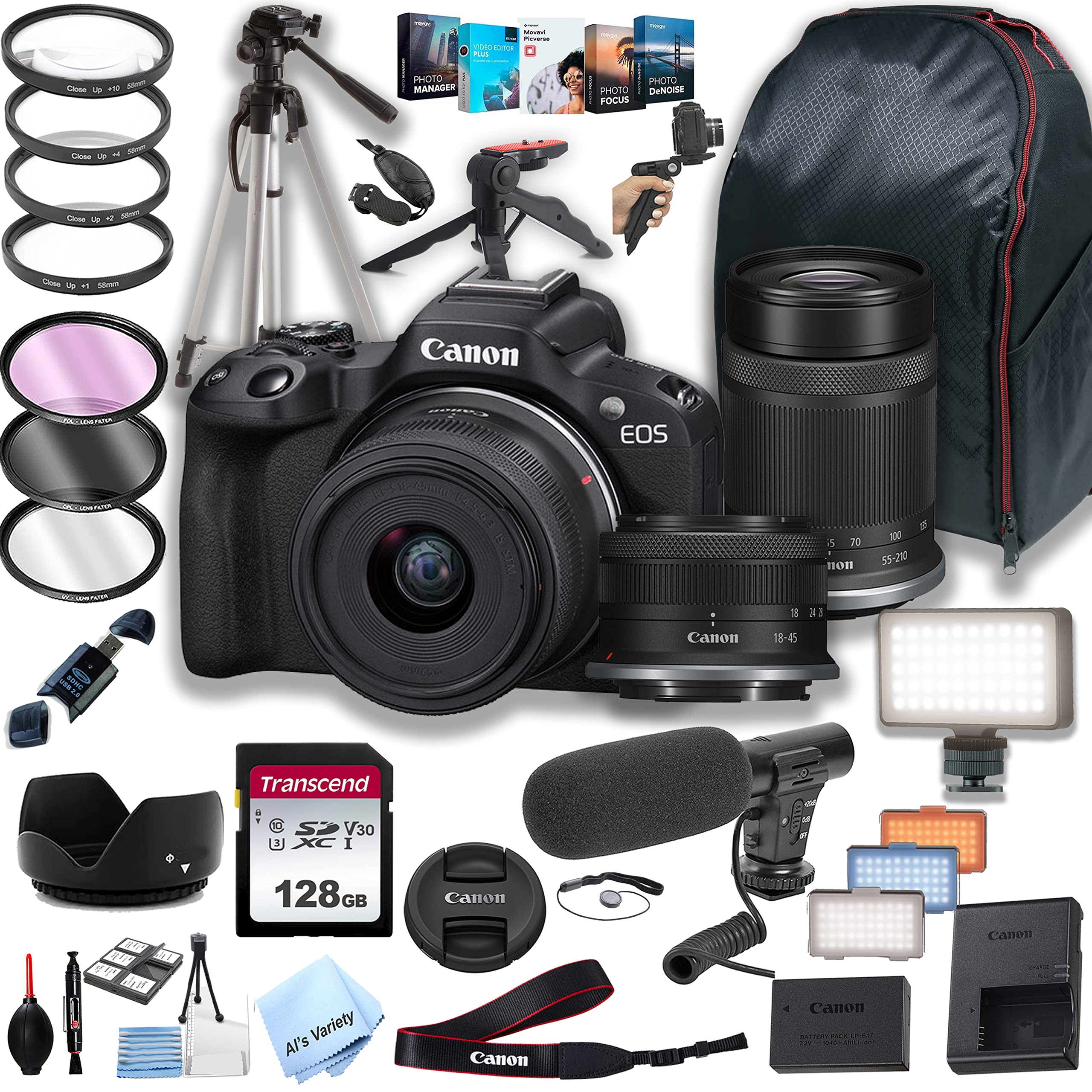 Canon EOS R50 Mirrorless Camera with 18-45mm and 55-210mm Lenses + 128GB Memory + LED Video Light + Microphone + Back Pack + Steady Grip Pod + Tripod + Filters + Software + More