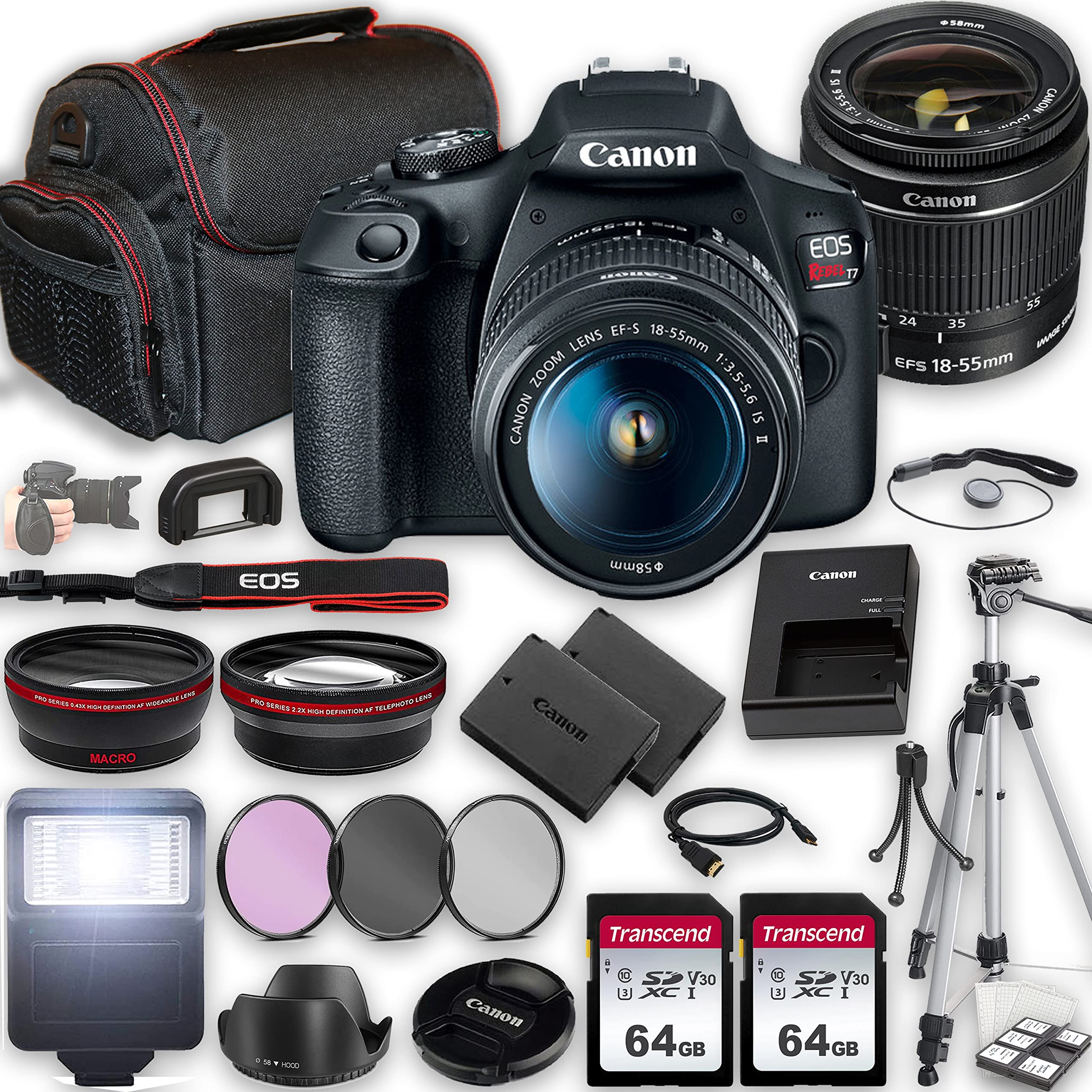 Canon EOS Rebel T7 DSLR Camera w/EF-S 18-55mm f/3.5-5.6 is II Lens + 2X 64GB Memory + Case + Filters + Tripod + More (35pc Bundle) (Renewed)