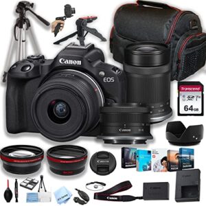 canon eos r50 mirrorless camera with 18-45mm and 55-210mm lenses + 64gb memory + case+ steady grip pod + tripod+ macro + 2x lens + software pack + more (34pc bundle)