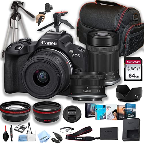 Canon EOS R50 Mirrorless Camera with 18-45mm and 55-210mm Lenses + 64GB Memory + Case+ Steady Grip Pod + Tripod+ Macro + 2X Lens + Software Pack + More (34pc Bundle)