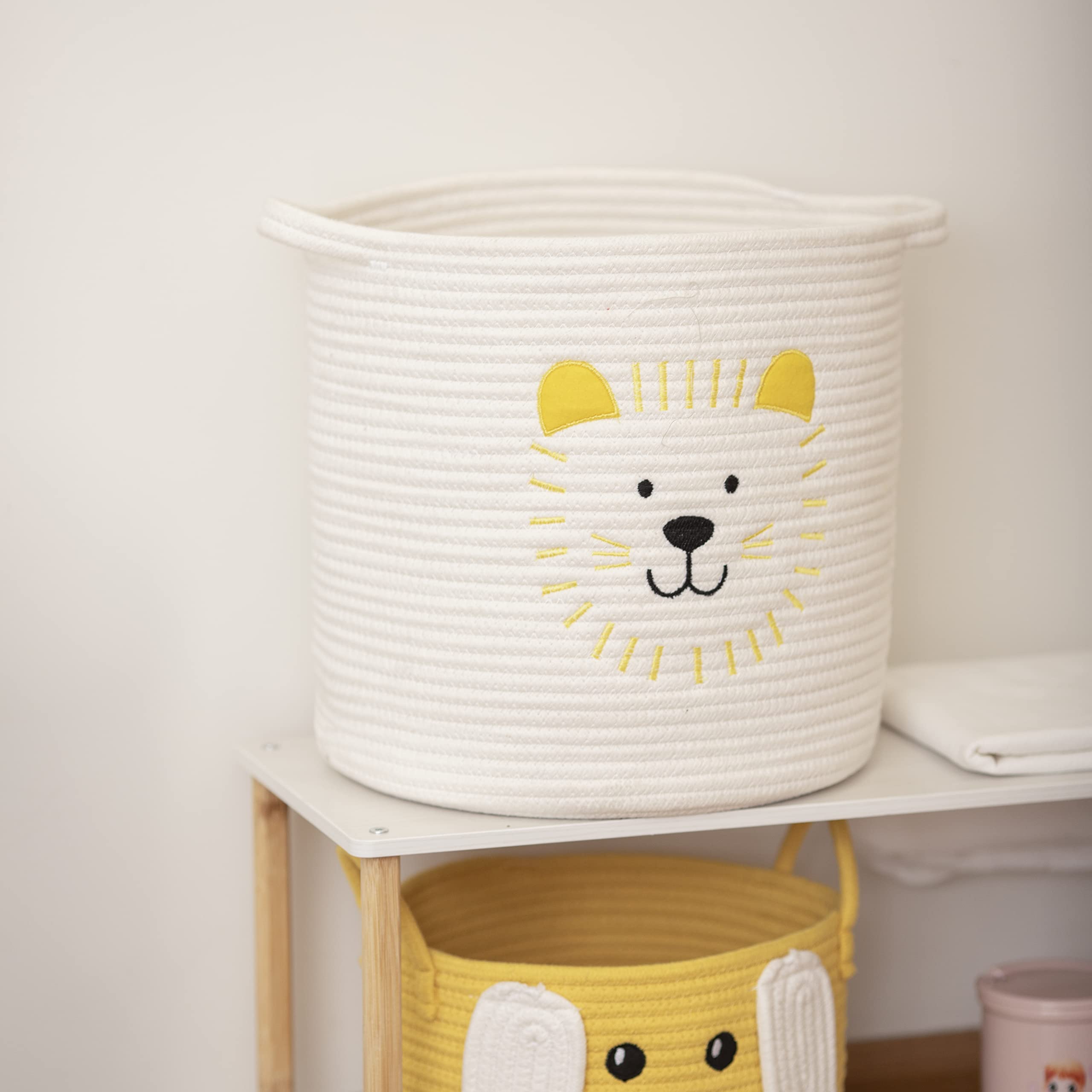 NADEnVIE Animal Laundry Basket For Nursery, Foldable Toy Storage Basket Tiger Design, Natural Handmade Basket With Handle For Home Decor, Nontoxic Cotton Rope Woven Safe for Children and Pet (White)