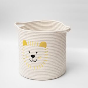 NADEnVIE Animal Laundry Basket For Nursery, Foldable Toy Storage Basket Tiger Design, Natural Handmade Basket With Handle For Home Decor, Nontoxic Cotton Rope Woven Safe for Children and Pet (White)