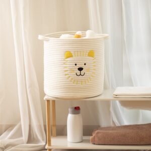 NADEnVIE Animal Laundry Basket For Nursery, Foldable Toy Storage Basket Tiger Design, Natural Handmade Basket With Handle For Home Decor, Nontoxic Cotton Rope Woven Safe for Children and Pet (White)