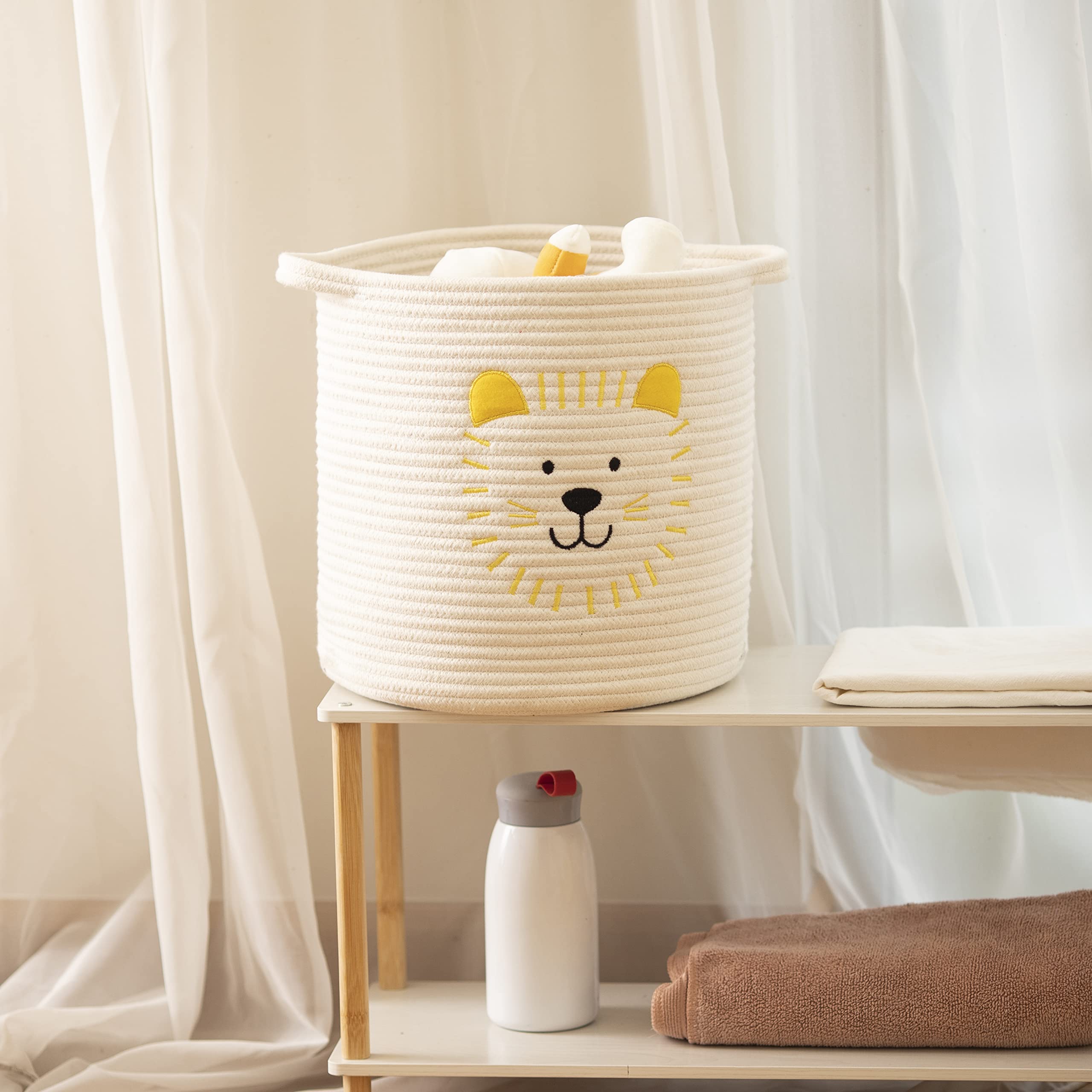 NADEnVIE Animal Laundry Basket For Nursery, Foldable Toy Storage Basket Tiger Design, Natural Handmade Basket With Handle For Home Decor, Nontoxic Cotton Rope Woven Safe for Children and Pet (White)