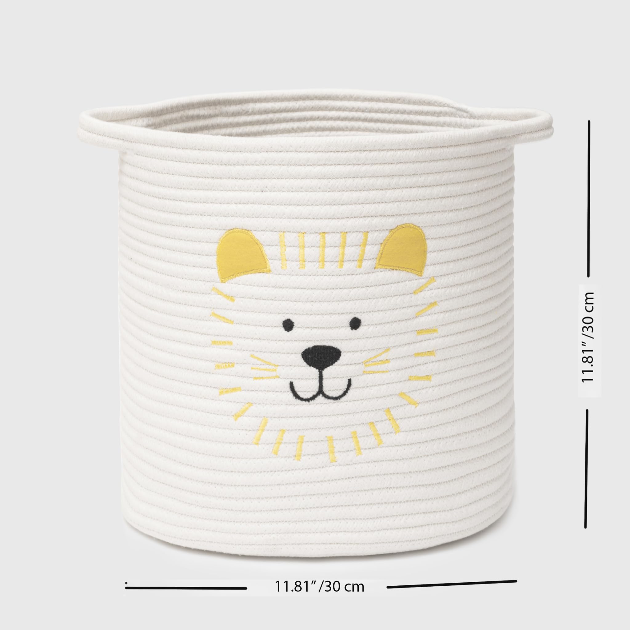 NADEnVIE Animal Laundry Basket For Nursery, Foldable Toy Storage Basket Tiger Design, Natural Handmade Basket With Handle For Home Decor, Nontoxic Cotton Rope Woven Safe for Children and Pet (White)