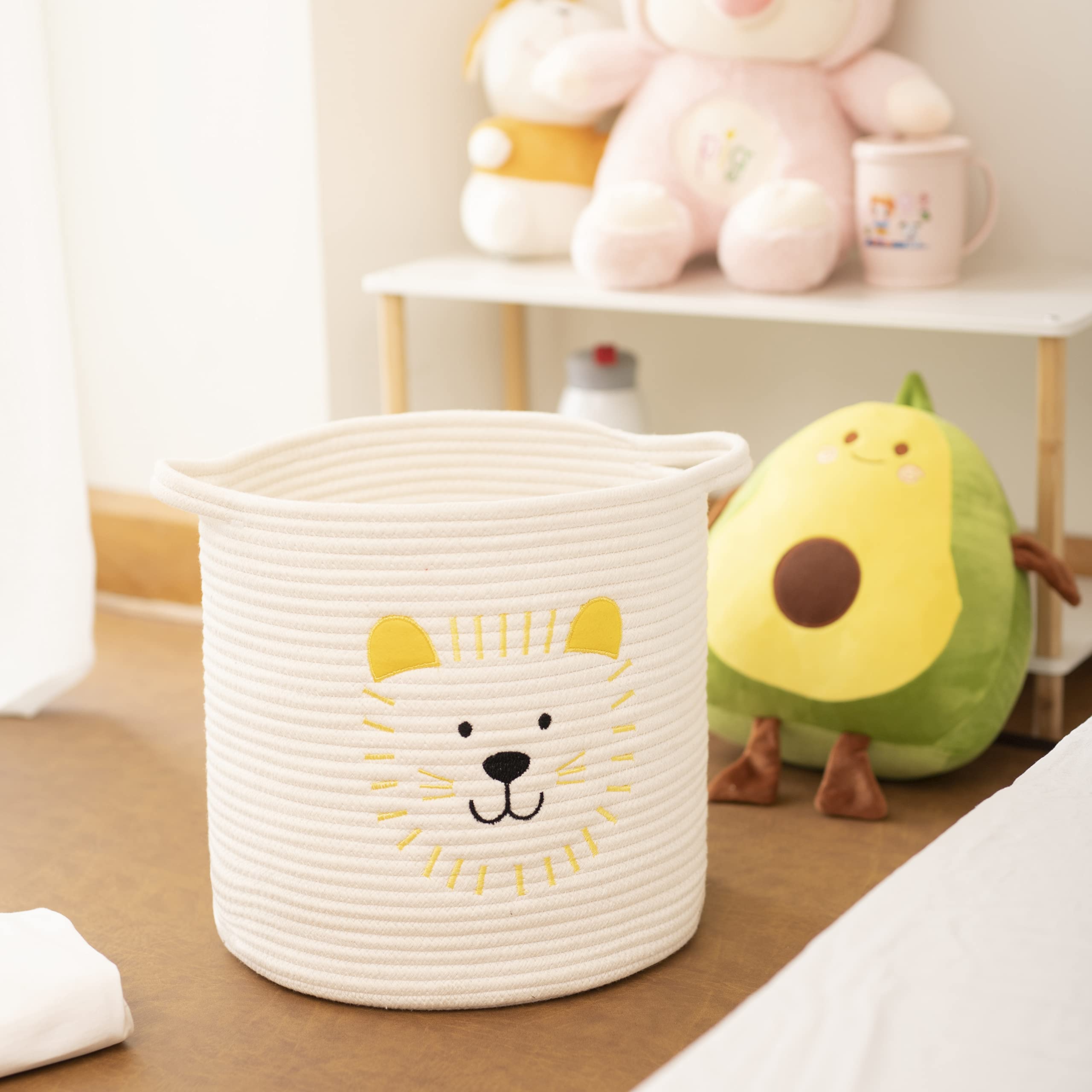 NADEnVIE Animal Laundry Basket For Nursery, Foldable Toy Storage Basket Tiger Design, Natural Handmade Basket With Handle For Home Decor, Nontoxic Cotton Rope Woven Safe for Children and Pet (White)