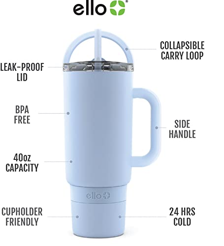 Ello Port 40oz Tumbler with Carry Loop & Integrated Handle, Vacuum Insulated Stainless Steel Reusable Water Bottle, Travel Mug with Leak Proof Lid & Straw for Iced Coffee & Tea, Halogen Blue