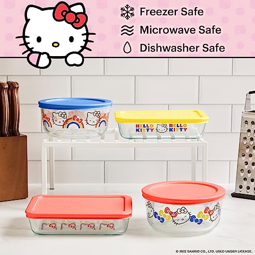 Pyrex Hello Kitty 8-Piece Glass Food Storage Containers Set, Non-Toxic Plastic BPA-Free Lids, Freezer Dishwasher Microwave Safe