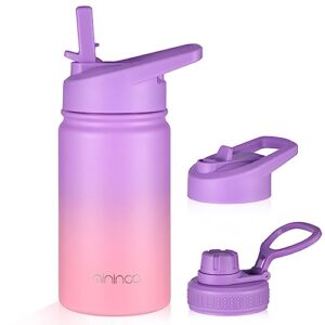 mininoo insulated kids water bottle, 12 oz stainless steel water bottle kids with straw lid and chug lid for girls, boys (purple/pink)