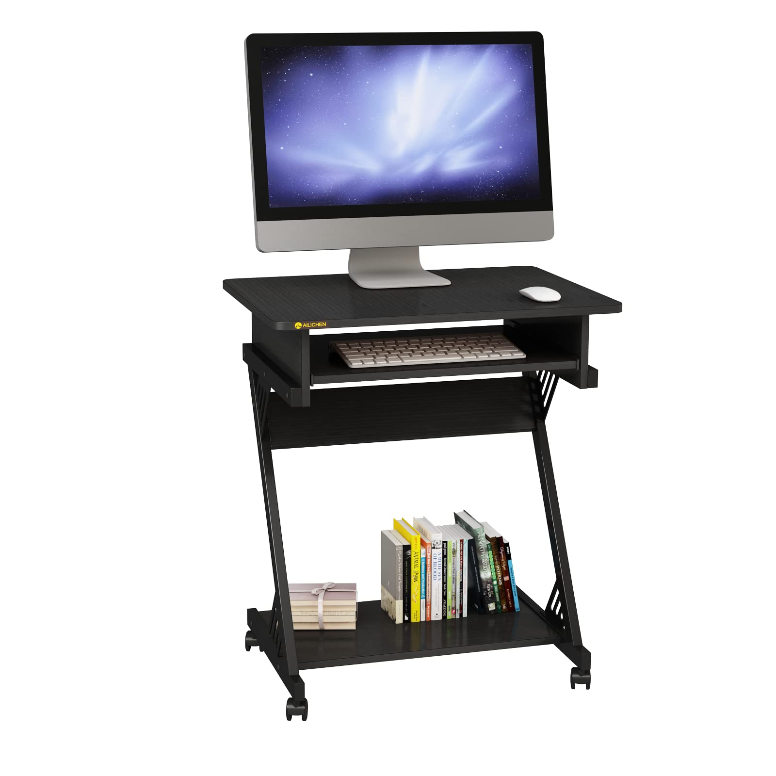 MULKGLOBAL Rolling Computer Desk with Keyboard Tray Compact Computer Cart with Storage Mobile Computer Desk for Small Space,Black