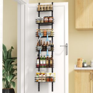 mystozer 6-tier over the door pantry organizer with 6 adjustable baskets and 4 hooks, metal hanging spice rack, black