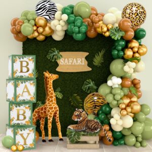 baby boxes safari baby shower decorations for boy girl, safari balloons arch kit with green jungle baby boxes,green and brown animal print balloons for dinosaur safari birthday decorations for boys