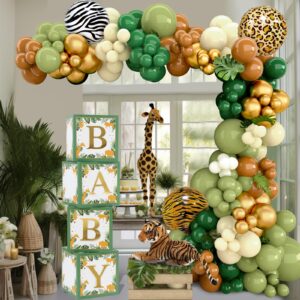 Baby Boxes Safari Baby Shower Decorations for Boy Girl, Safari Balloons Arch Kit with Green Jungle Baby Boxes,Green and Brown Animal Print Balloons for Dinosaur Safari Birthday Decorations for Boys