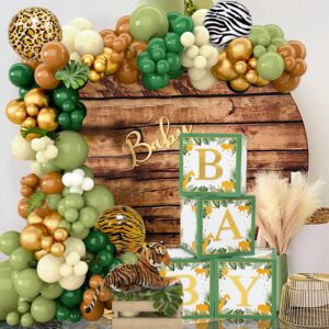 Baby Boxes Safari Baby Shower Decorations for Boy Girl, Safari Balloons Arch Kit with Green Jungle Baby Boxes,Green and Brown Animal Print Balloons for Dinosaur Safari Birthday Decorations for Boys