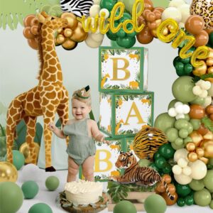 Baby Boxes Safari Baby Shower Decorations for Boy Girl, Safari Balloons Arch Kit with Green Jungle Baby Boxes,Green and Brown Animal Print Balloons for Dinosaur Safari Birthday Decorations for Boys