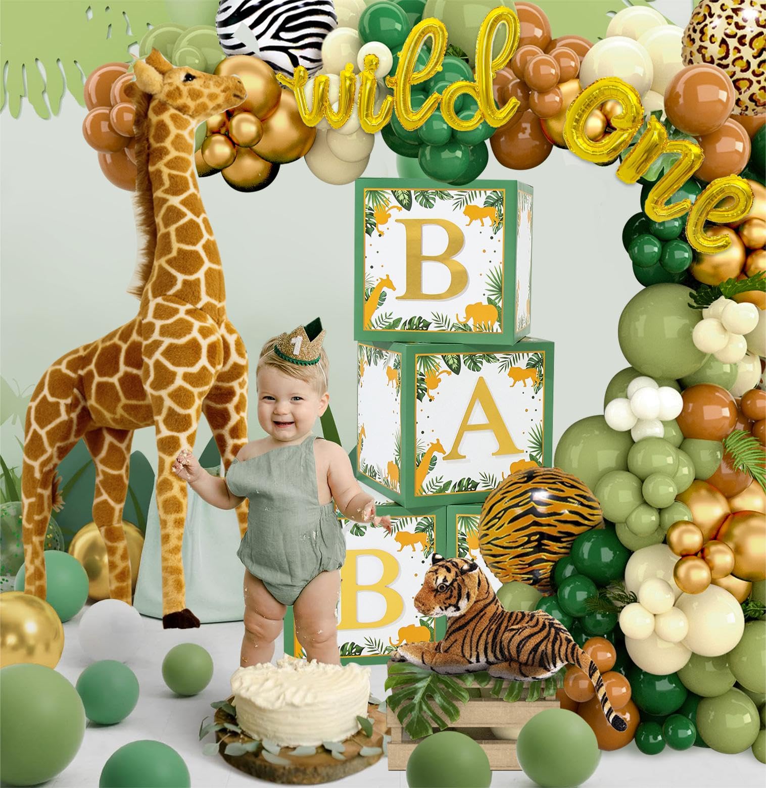 Baby Boxes Safari Baby Shower Decorations for Boy Girl, Safari Balloons Arch Kit with Green Jungle Baby Boxes,Green and Brown Animal Print Balloons for Dinosaur Safari Birthday Decorations for Boys