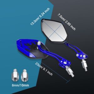 1Pair Universal Motorcycle Mirrors, Motocycle Rear View Mirrors, Adjustable Side Mirror, Motorcycle Mirrors for Handlebars, Aluminum Flame Pattern Rear View Mirrors with 8mm/10mm Screws (Blue)