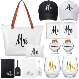 bonuci 13 pcs wedding mr and mrs gifts set include bride and groom hats, stemless wine glasses, passport holder luggage tags, mrs canvas tote bag with makeup bag, ring dish heart shape glass jar gifts