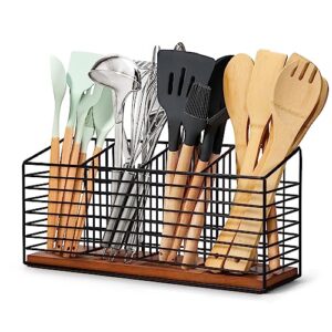thygiftree large utensil holder for kitchen counter black metal cooking utensil organizer for countertop 4 compartments kitchen tools holder for spatula utensil crock caddy