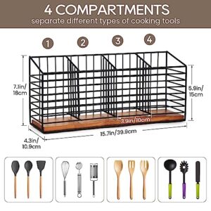 THYGIFTREE Large Utensil Holder for Kitchen Counter Black Metal Cooking Utensil Organizer for Countertop 4 Compartments Kitchen Tools Holder for Spatula Utensil Crock Caddy