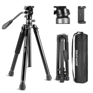 neewer 61.4" video travel tripod with +/-10° leveling base fluid head (⌀37mm), compact metal camera tripod stand with quick release reversible legs & detachable center column, arca plate, tp61