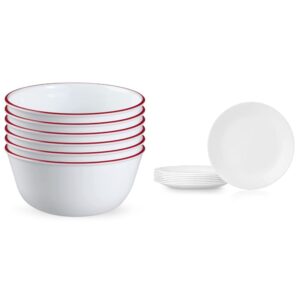 corelle,glass 28oz red band bowl 6pk & vitrelle 8-piece dinner plates set, triple layer glass and chip resistant, lightweight round plates, winter frost white