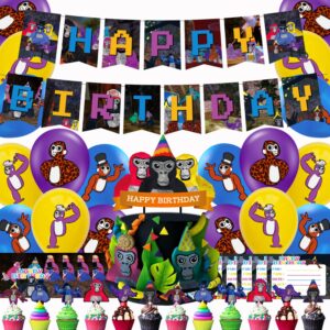 gorilla tag birthday party decorations, gorilla tag birthday banner - cake&cupcake toppers - 18 latex balloon - 10 invitations for gorilla tag party supplies